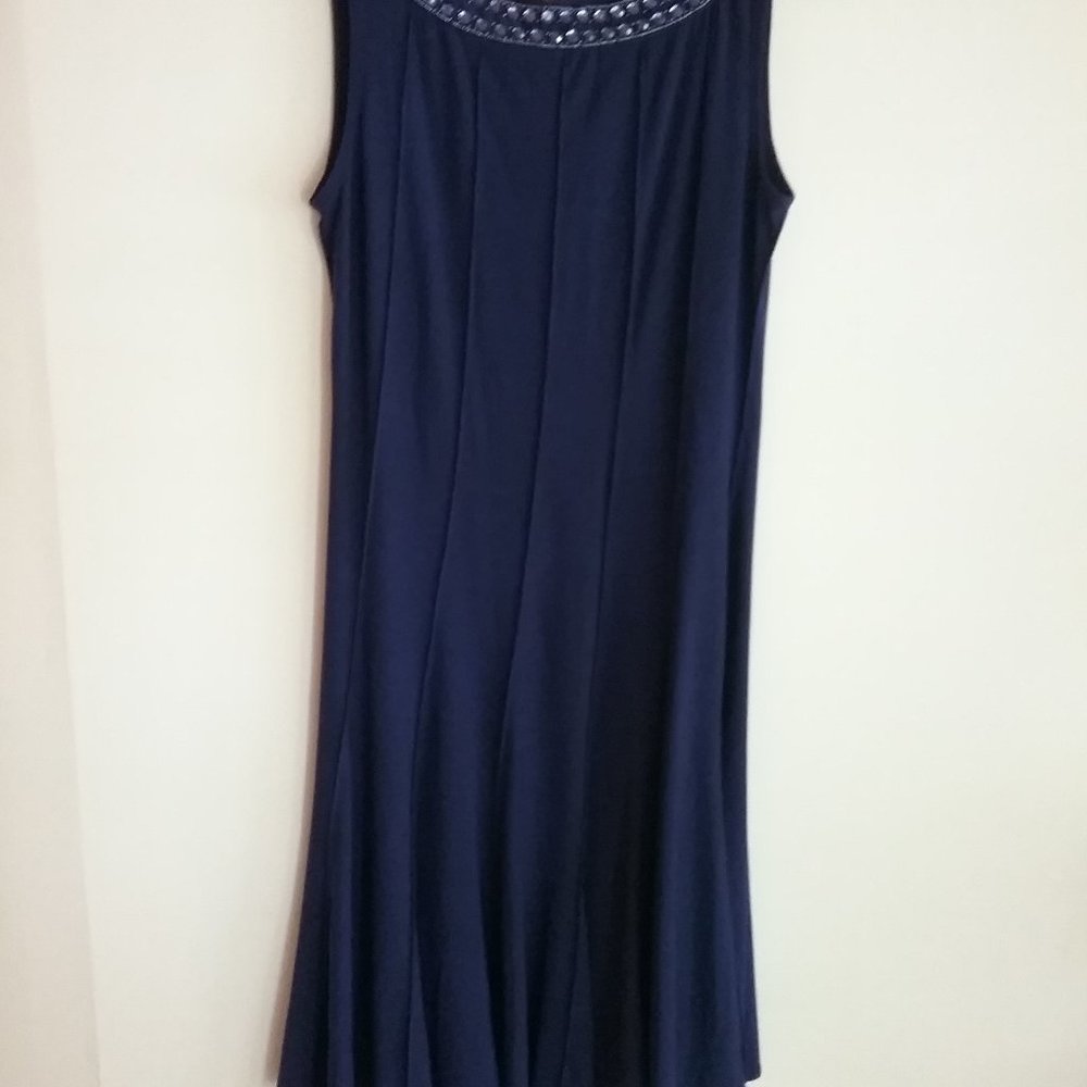 Forever Woman Dark Blue Decorative Neck Dress Poly